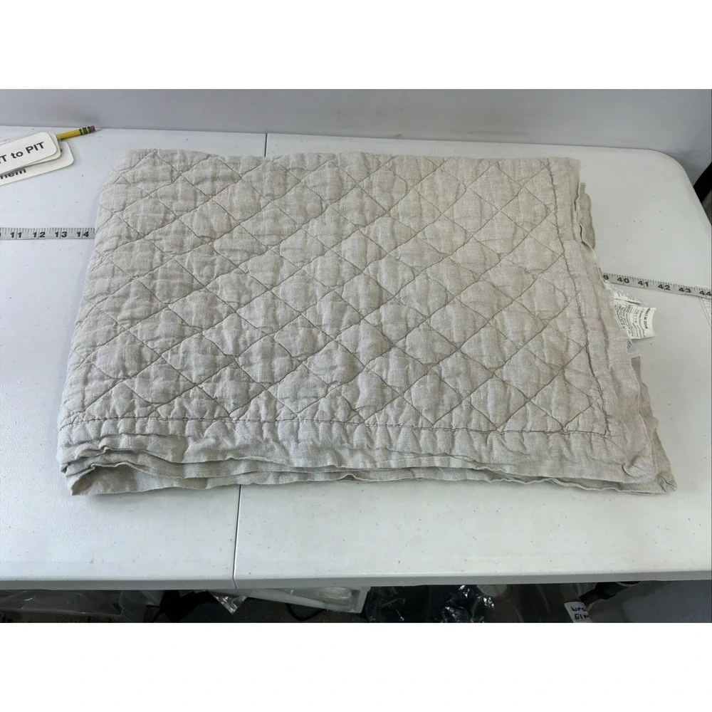 Pottery Barn Kids Quilt 50x36 Toddler Beige Diamond Stitch 100% Linen